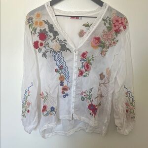 Johnny Was White Blouse with Multicolor Floral Embroidery